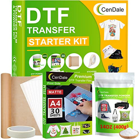 CenDale DTF Transfer Film and Powder Kit - 30 Sheets A4 DTF Film for Sublimation, 14oz White Medium DTF Powder, Direct-to-Film Transfer for Any CenDale
