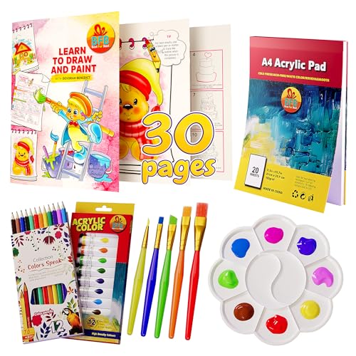 BFB Paint Set for Kids with Learn How to Draw Booklet - 32PCS Painting Supplies Kids Painting Kit, Premium Paint Kit for Children, Kids Paint Set Art - WoodArtSupply