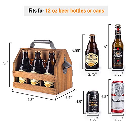 BARGIFTS Wooden 6-Bottle Caddy with Bottle Opener, build in a Removable Middle Divider Metal Bottle Opener… (Brown) - WoodArtSupply