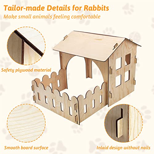 Fhiny Wooden Rabbit Castle Hideout with Fence, Small Animal Rest and Play House Hideaway with Window Detachable Rabbit Bed Hut Bunny Castle for Fhiny