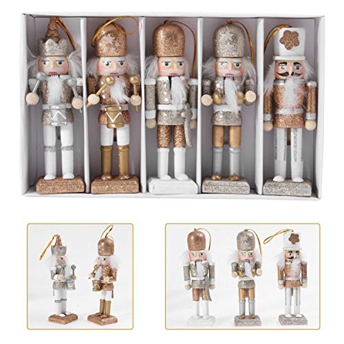 SEWACC 5 Pcs Christmas Nutcracker Wooden Nutcracker Ornaments Christmas Decoration Unfinished Nutcracker Figurines Puppet (White Gold) SEWACC
