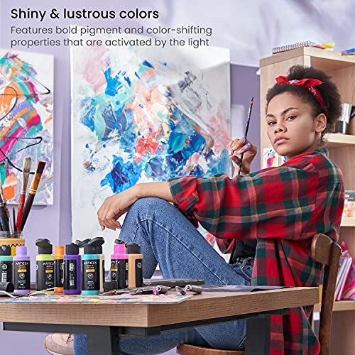 ARTEZA Iridescent Acrylic Paint, Set of 20 Harmony Colors, 2-oz Bottles, High-Viscosity Shimmer, Water-Based, Blendable, Art Supplies for Canvas,