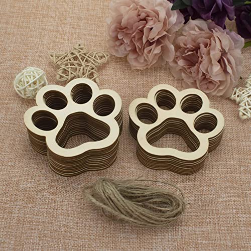 24pcs Dog Paw Wood DIY Crafts Cutouts Wooden Cat Claw Shaped Ornaments Wood Slices Embellishments with Jute Twines for Dog House Pets Party