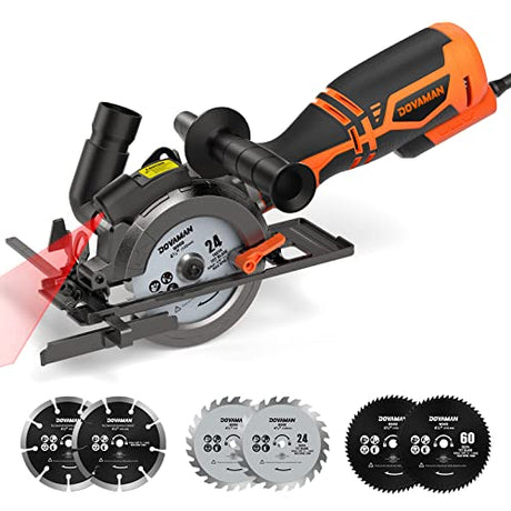DOVAMAN Circular Saw, 5.8A 4-1/2" Circular Saw w/Laser, Metal Auxiliary Handle, 6 Saw Blades (4½", 4¾"), Cutting Depth 1-11/16" (90°), 1-3/8" (45°), DOVAMAN