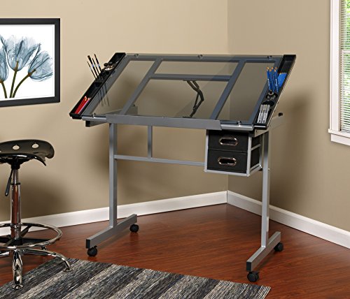 OneSpace Craft Station with Blue Glass Drafting, Silver - WoodArtSupply