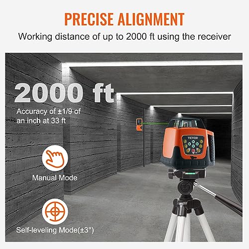 VEVOR Rotary Laser Level 2000ft,360 Degree Self Leveling Green Cross Line Laser,5 Rotation Speeds&4 Scanning Angles Adjustment,IP66 Waterproof Remote - WoodArtSupply