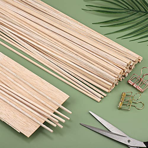 150 Pieces Balsa Wood Sticks Hardwood Square Wooden Craft Dowel Rods Unfinished Balsa Wood Sheets 12 Inch Thin Wood Strips 1/4 Inch 1/8 Inch for peony man