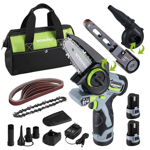 WORKPRO Cordless Detail Belt Sander, Mini Chain Saw, Electric Blower, 3-in-1 Power Tool Combo Kit, 12V, Powerful Brushless Motor, with 2 Batteries,