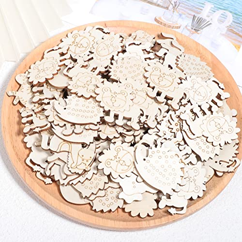Wooden Craft Shapes 100pcs Wooden Animal Cutouts Unfinished Animal Pieces Mini Wood Animal Embellishments DIY Craft Wild Forest Animal Slices Wood