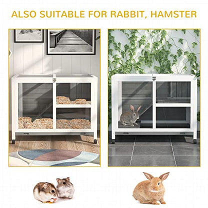 PawHut Indoor Rabbit Hutch with Wheels, Desk and Side Table Sized, Wood Rabbit Cage, Waterproof Small Rabbit Cage, Gray - WoodArtSupply