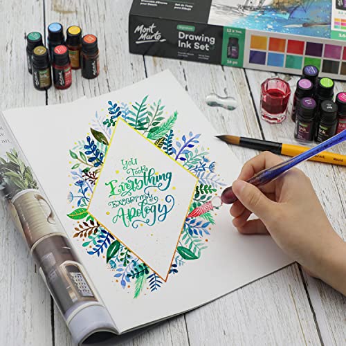 Mont Marte Drawing Ink Kit Signature 16pc, Great Art Set, Includes 12 x 7ml (0.24 US fl.oz) Ink Colours, Glass Dip Pen, Paint Brush, Pen Rest, Ink MONT MARTE