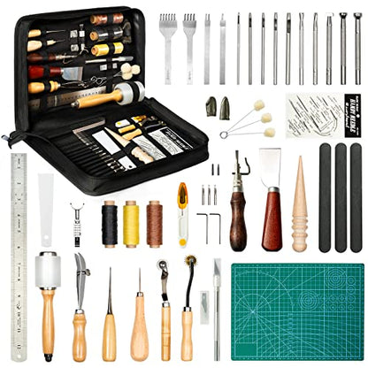 FifthQuarter Leather Tooling Kit: 58 Pcs Essential Leather Working Tools and Supplies for Starter with Guide Leather Craft Tool Kits with Organizer - WoodArtSupply