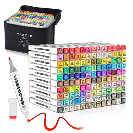 Tensine 130 Colors Alcohol Markers, Double Tip Art Marker Set for Artist(Broad Chisel and Fine Tip), Perfect for Kids Adult Coloring Books Sketching Tensine