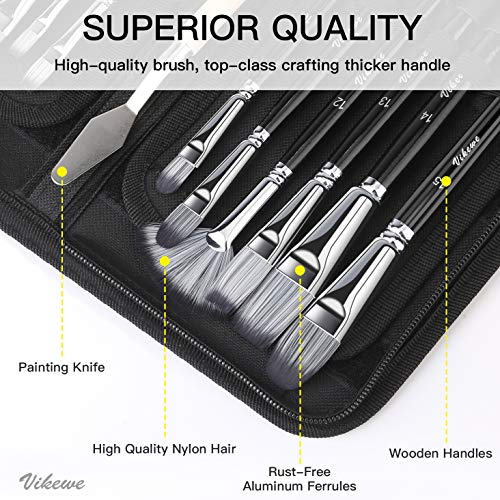 VIKEWE Professional Paint Brushes Set - 16 PCS Paint Brush with Oil Painting Knife and Sponge, Suitable for Acrylic, Watercolor, Oil and Gouache