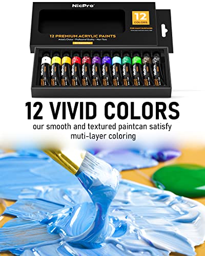 Nicpro Kid Paint Set, 34 PCS Painting Supplies Party Kit Non Toxic,12 Colors Acrylic Paint, Table Easel, 6 Canvas Panels, 10 Brushes, Paper Pad,