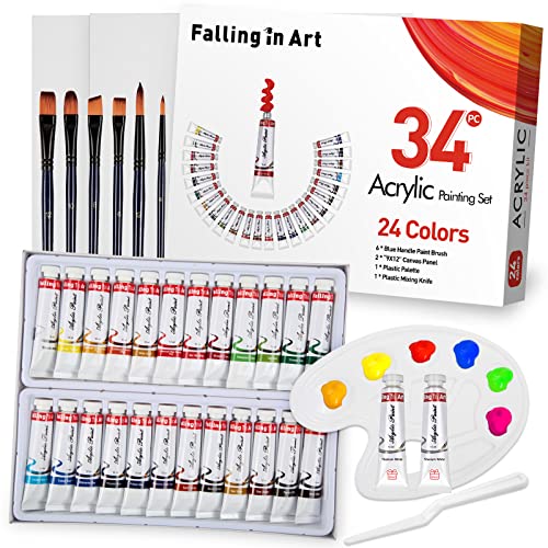 Falling in Art 34 Pieces Acrylic Paint Set - Canvas Painting Kit with 26 Acrylic Paints, Nylon Brushes, Plastic Palette, Mixing Knife for Kids,