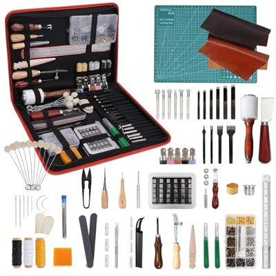 275 pcs Advanced Leather Sewing Tools and Supplies with Carrying Organizer Cutting Mat Stamping Tools Needles Snaps and Rivets Kit Perfect for