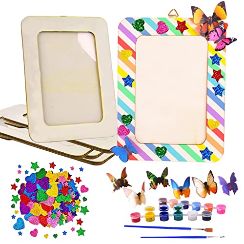 10 Pack Picture Frame Painting Craft Kit, 6'' x 8'' DIY Blank Wooden Photo Frames with Stand, Painting Set, 3D Butterfly and Glitter Eva Stickers for