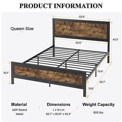 SHA CERLIN Grey Metal Bed Frame Queen/Industrial Wooden Platform Bed with Rivet Headboard/No Box Spring Needed