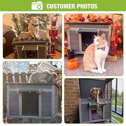 Outdoor Feral Cat House Weatherproof, Small Wooden Rabbit Hutch Bunny Cage Indoor-PVC Door Flaps