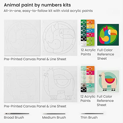 Arteza Kids Paint by Numbers Kit, 10 x 10 Inches, Pre-Printed Animal Canvas Painting Kit with 2 Canvases, 24 Acrylic Paint Pots, 3 Paintbrushes, Art Arteza Kids