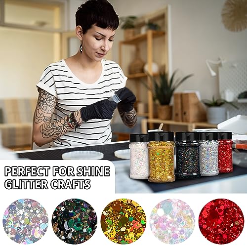 HTVRONT Chunky Glitter for Resin - 200g/7oz Silver Glitter, Designed Shaker Cap Holographic Glitter, Craft Glitter Powder Mixed Chunky Fine Flakes HTVRONT