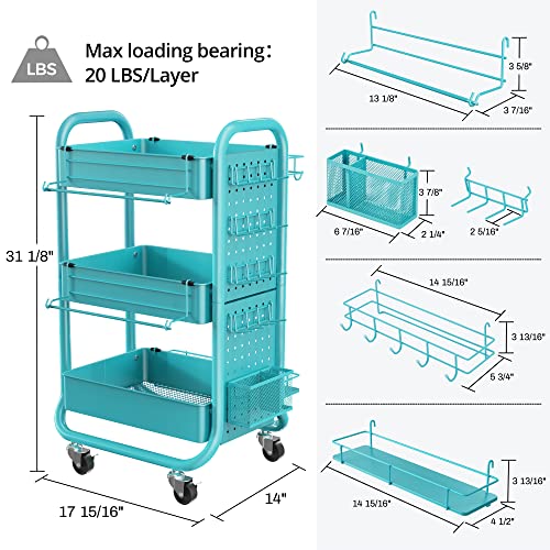 DESIGNA 3-Tier Utility Storage Rolling Cart with Removable Pegboard & Extra Storage Baskets Hooks, Metal Craft Art Carts for Gift Home Office, Teal DESIGNA