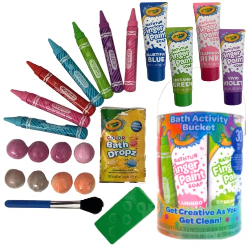 Crayola Bathtime Activity Bucket Kid's Bundle, 30-Piece Set with Bath Bombs, Colorful Finger Paint Soap Tubes, Body Wash Pens, Bath Drops, Palette, Crayola