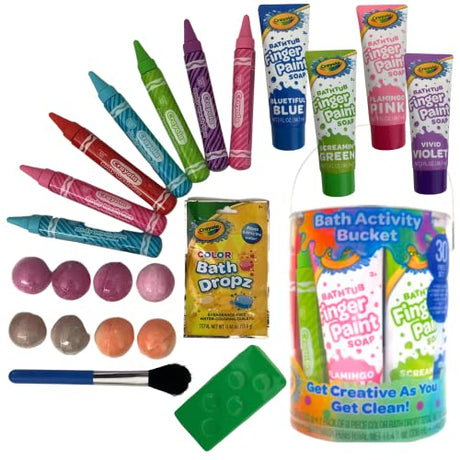 Crayola Bathtime Activity Bucket Kid's Bundle, 30-Piece Set with Bath Bombs, Colorful Finger Paint Soap Tubes, Body Wash Pens, Bath Drops, Palette, Crayola
