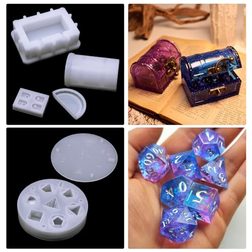 Silicone Dice Box Mold for DND Dices, 7 Shapes Dice Silicone Mold with Silicone Treasure Storage Box Mold, Epoxy Mold for Casting and Storing Dice, - WoodArtSupply