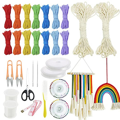 Allazone Rainbow Wall Hanging Kit, 8 PackDIY Rainbow Wall Decor Craft Kit, Cotton Macrame Cord Rope, Pearl Needle, Crystal String Rope for Bedroom - WoodArtSupply