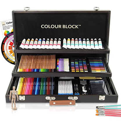 COLOUR BLOCK 181 pc Mixed Media Art Set in Wooden Case - Soft & Oil Pastels, Acrylic & Water color Paints, Sketching, Colored Pencils