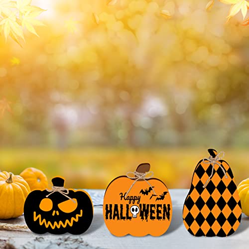 Whaline 6Pcs Fall Pumpkin Wooden Cutouts with Ropes 3 Design Unfinished Pumpkin Shaped Table Wooden Signs for Fall Thanksgiving Halloween Tiered Tray Whaline
