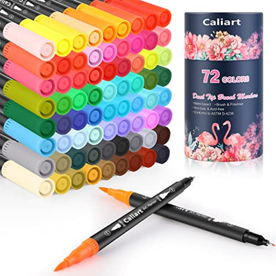 Caliart 72 Dual-Tip Brush Markers Set, Multicolor, 144 Nibs, Easy to Use, Safe, Non-Toxic