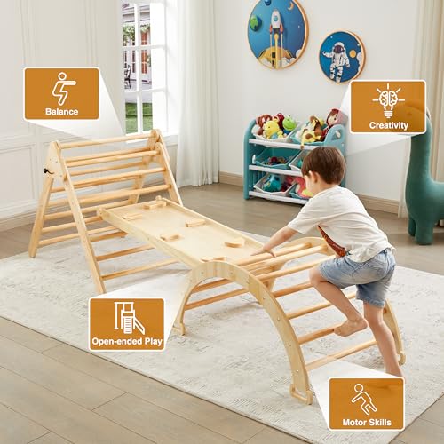 5 In 1 Pikler Triangle Gym, Montessori Foldable Wooden Climbing Set with Ramp, Arch Climber and Rocker, Toddlers Climbing Triangle Learning Waldorf