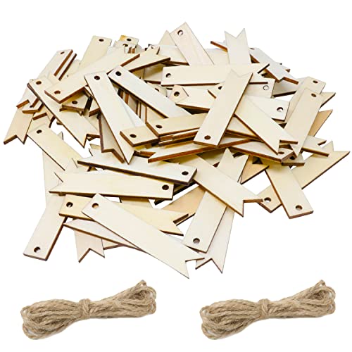 yueton 100pcs Rectangle Wooden Hanging Ornaments, Unfinished Blank Wood Pieces Wood Slices Wood Chips Embellishments, Wooden Gift Tags - WoodArtSupply