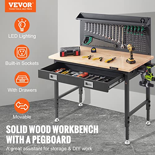 VEVOR Workbench Adjustable Height 28-39.5" Work Bench for Garage Oak Plank & Carbon Steel Heavy Duty Workbench 2000lbs Weight Capacity Bench top Size VEVOR