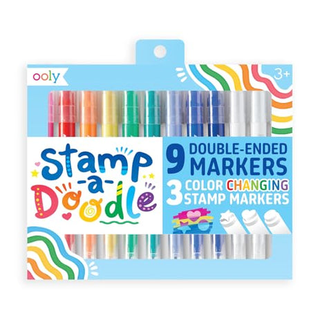Ooly Double-Sided Stamping Markers (Chisel and Point Tips) & 3 Color Changing Stamps, Stamp Markers Change the Color of What is Stamped, Cute School Ooly