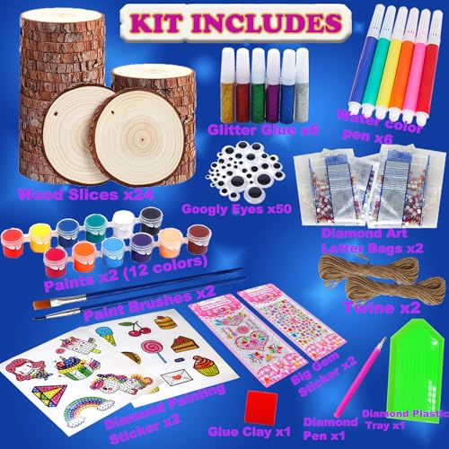 Huastyle Arts & Crafts Kits for Kids Girls Ages 8-12, 24 Wood Slices Pack  with Diamond Painting Creative DIY Activity Gifts Toy, Wooden Ornaments
