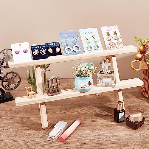 NBEADS 2-Tier Wooden Display Stand Riser, Earring Ring Holder Detachable Unfinished Wood Retail Jewelry Card Display Stand Each Layer with 2 Groove