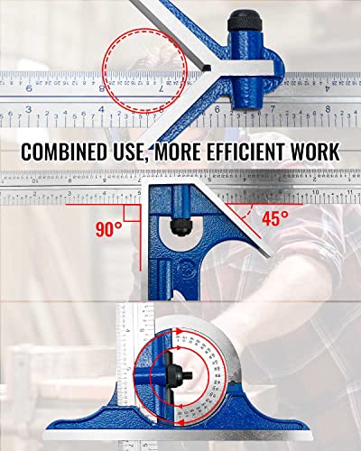 NTSUMI 12 Inch 4 Combination Square Ruler Set Protractor Satin, 4-R Graduation, Blue - WoodArtSupply