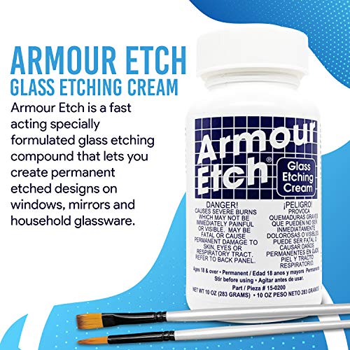 Armour Etch Glass Etching Cream Kit - Create Permanently Etched Designs - 10oz Net Weight - Bundled with Moshify Application Brushes - WoodArtSupply