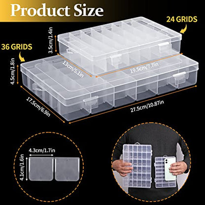 2 Pack 36 Grids Clear Plastic Organizer Box, Storage Container with Adjustable Divider, Craft Organizers and Storage Bead Storage Organizer Box for