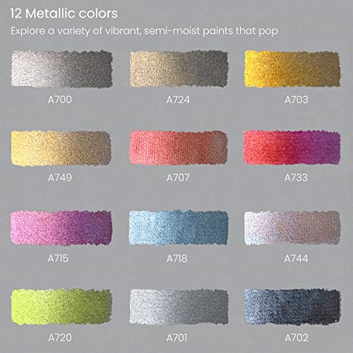 ARTEZA Iridescent Watercolor Paint Set, 12 Metallic Pearl Colors Half-Pans, Waterbrush included, Reusable Semi-Moist Glitter Paint, Non-Toxic, Art