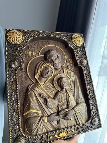 Handmade wooden Holy Family - Wood Carved Nativity Icon - 10 x 12 inches made of natural oak - wall hanging christian wall art - WoodArtSupply