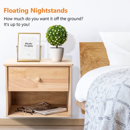 VINGLI Unfinished Natural Solid Wood Floating Nightstand for Bedroom Set of 2, Small Nightstand with Drawer & Open Shelf, Farmhouse Night Stand VINGLI