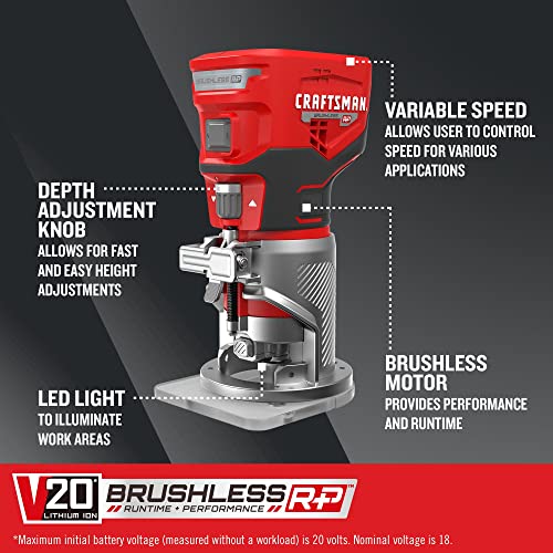 CRAFTSMAN V20 Router, Fixed Base, 7 Speeds, 16,000-30,000 RPM, Bare Tool Only (CMCW400B) - WoodArtSupply