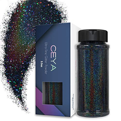 Ceya 3.5oz/ 100g Holographic Ultra Fine Glitter Powder Laser Black Glitter 1/128” 0.008” 0.2mm for Slime Epoxy Resin Craft Tumbler Jewelry Nail Art ceya