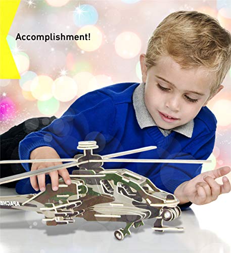 Puzzled 3D Puzzle Apache Helicopter Wood Craft Construction Model Kit, Fun Unique & Educational DIY Wooden Toy Assemble Model Unfinished Crafting Puzzled
