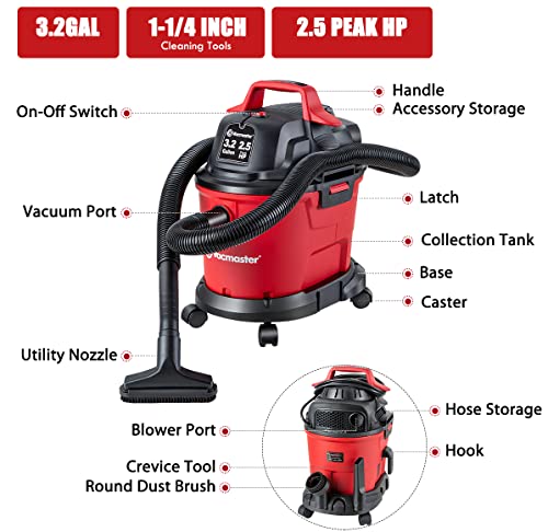 Vacmaster Red Edition VHB305M 1101 Wall Mount Wet Dry Vacuum 3.2 Gallon 2.5 Peak HP Vacmaster
